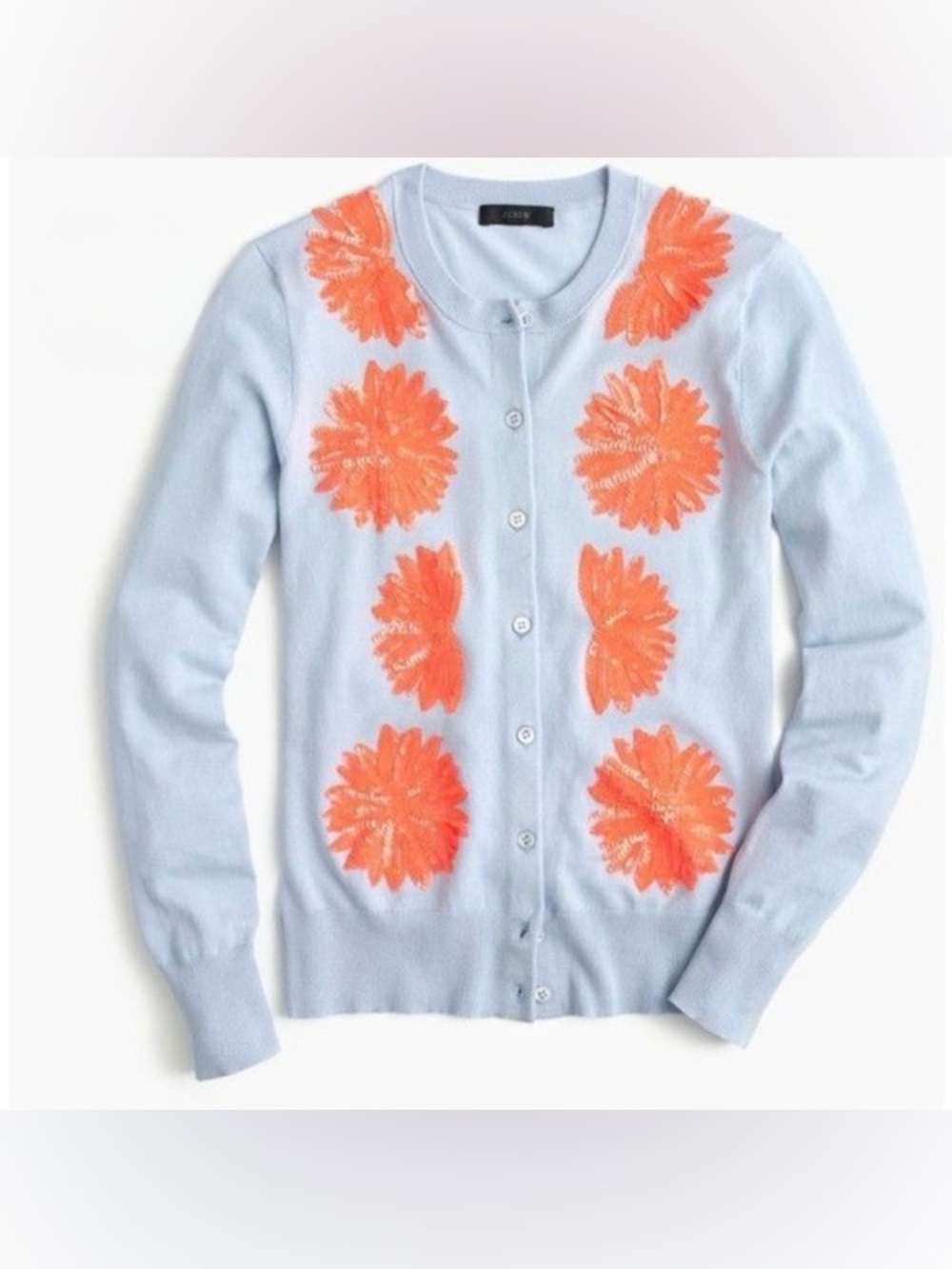 J. Crew Pale Blue Cardigan with Bright Orange Floral Motif
